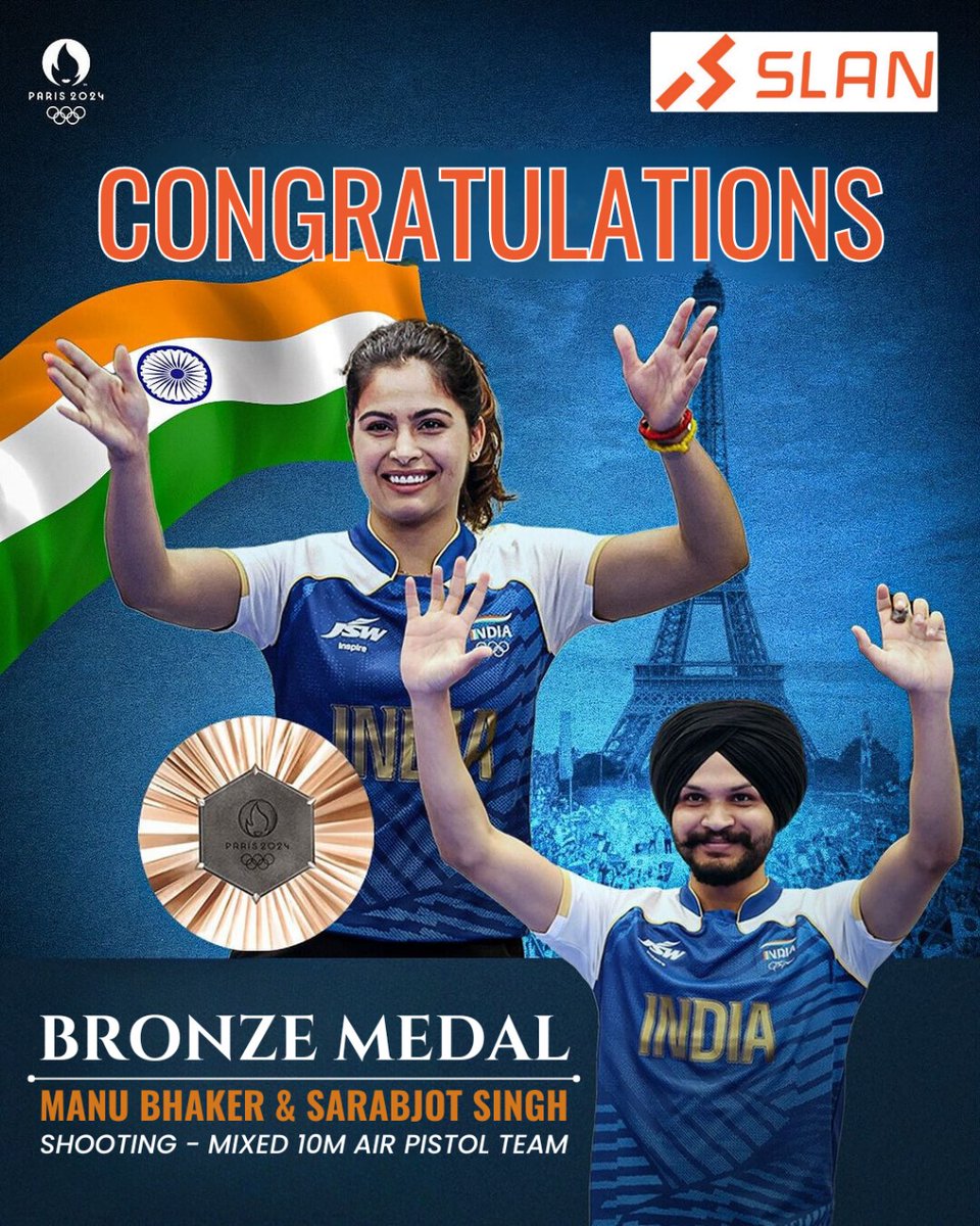 SLAN_Sports's tweet photo. Congrats #manubhaker #sarabjotsingh #parisolympics2024#bronzemedal https://t.co/okon89xqDH