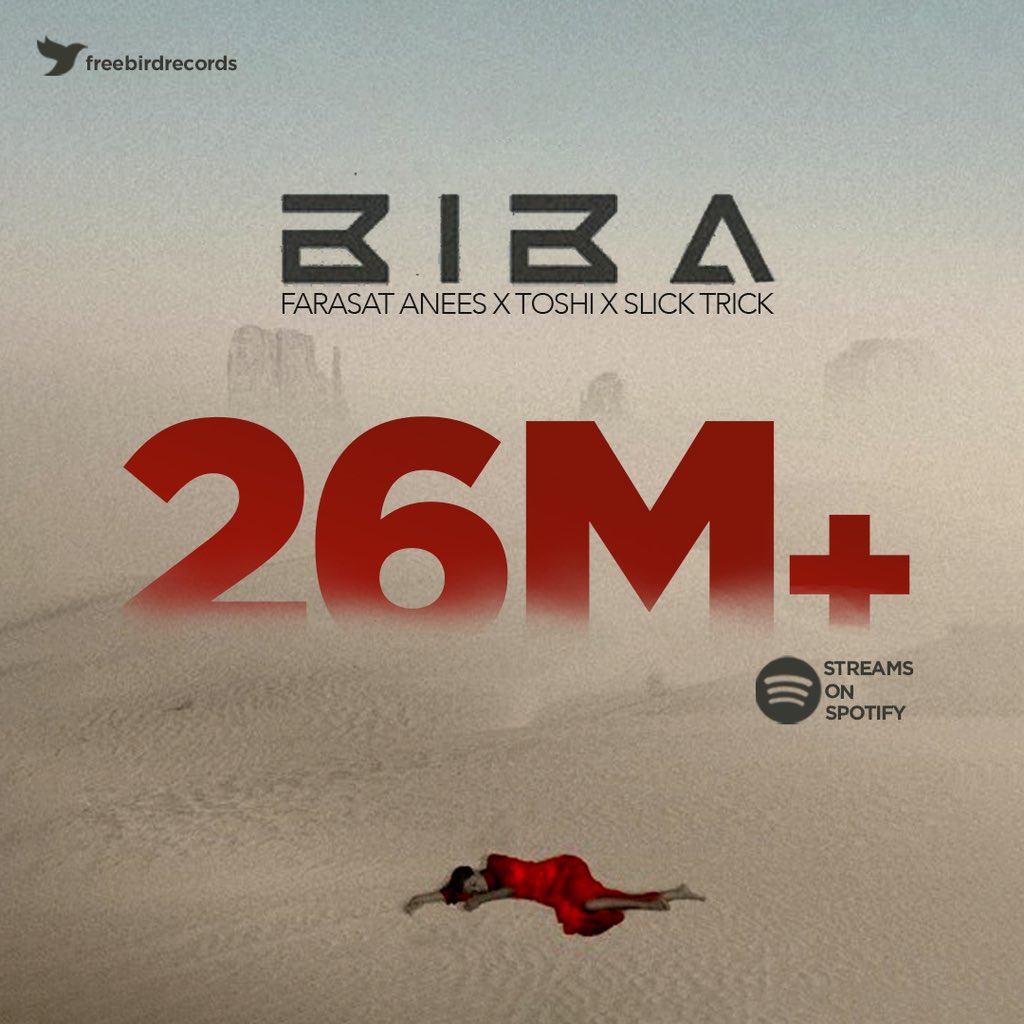 Biba Hits 26 Million Streams on Spotify! 🎶 

Thank you for the love and support to Toshi, Farasat Anees and Slick Trick. 🌟

#freebirdmusic #freebirdrecords #farasatanees #toshi #slicktrick #biba #spotifystreams #groovewithus