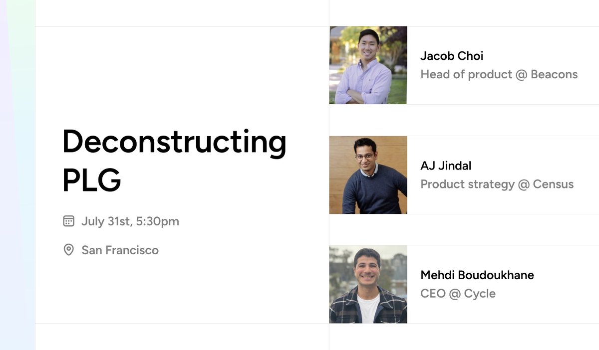 Mehdi Boudoukhane (@mboudoukhane) on Twitter photo We're excited to organize our first meetup in San Francisco tomorrow!
We'll deconstruct PLG (Product-Led Growth) in the AI era with <a href="/jindalsAnupam/">Anupam (AJ) Jindal</a> from <a href="/census/">Census - a Fivetran company</a> and Jacob Choi from <a href="/beaconsai/">Beacons.ai</a> π₯
This is an πΆπ»ππΆππ²-πΌπ»πΉπ π²ππ²π»π, πΉπΆπΊπΆππ²π± ππΌ π·πππ π―π¬ We're excited to organize our first meetup in San Francisco tomorrow!
We'll deconstruct PLG (Product-Led Growth) in the AI era with <a href="/jindalsAnupam/">Anupam (AJ) Jindal</a> from <a href="/census/">Census - a Fivetran company</a> and Jacob Choi from <a href="/beaconsai/">Beacons.ai</a> π₯
This is an πΆπ»ππΆππ²-πΌπ»πΉπ π²ππ²π»π, πΉπΆπΊπΆππ²π± ππΌ π·πππ π―π¬
