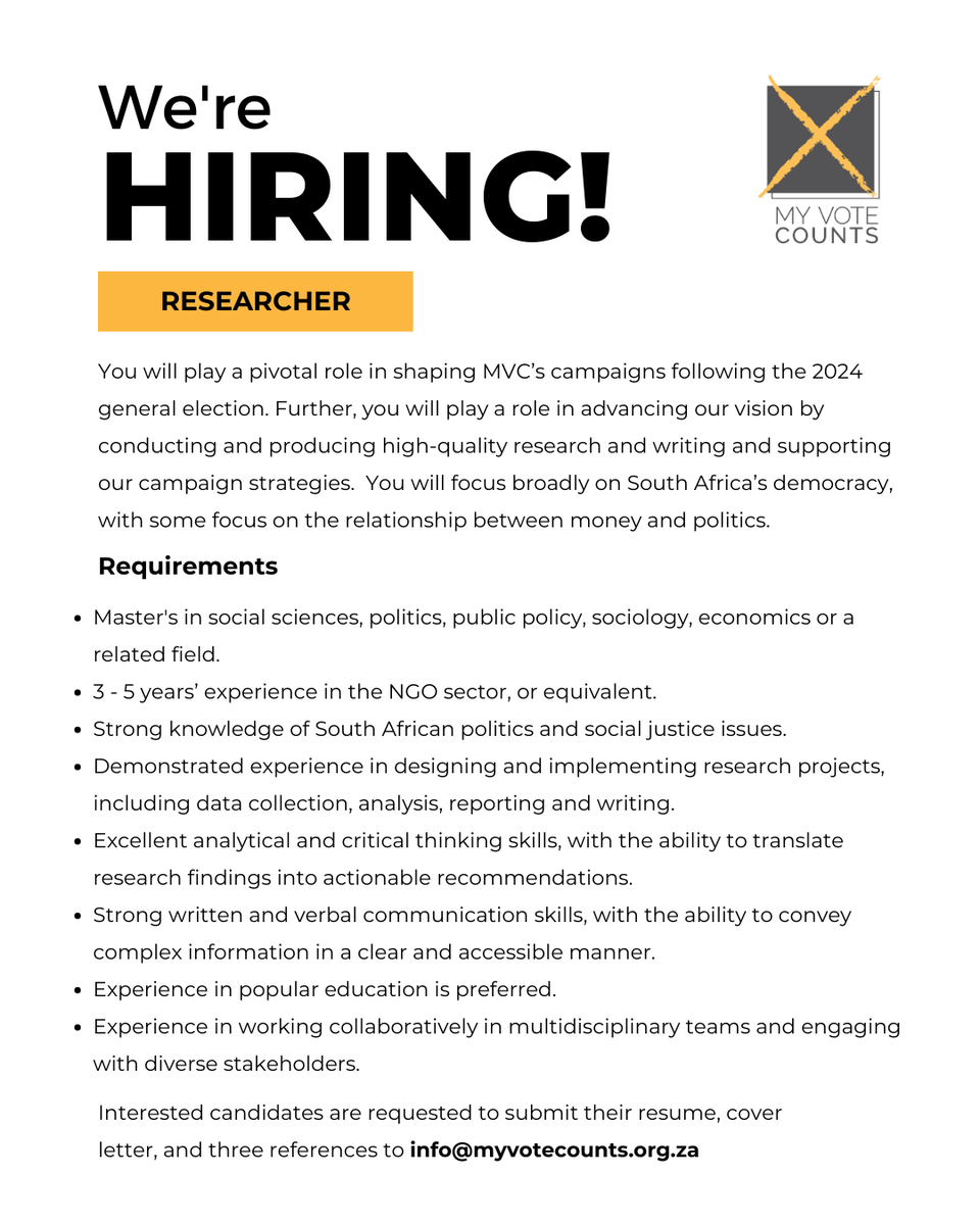 MVC_SA's tweet image. WE&apos;RE HIRING | MVC is a small non-profit organisation based in CPT. We have a hybrid working environment and are looking for a researcher to join us. The researcher would focus broadly on democracy in SA, as well as the relationship between money and politics. Closing 04 August.