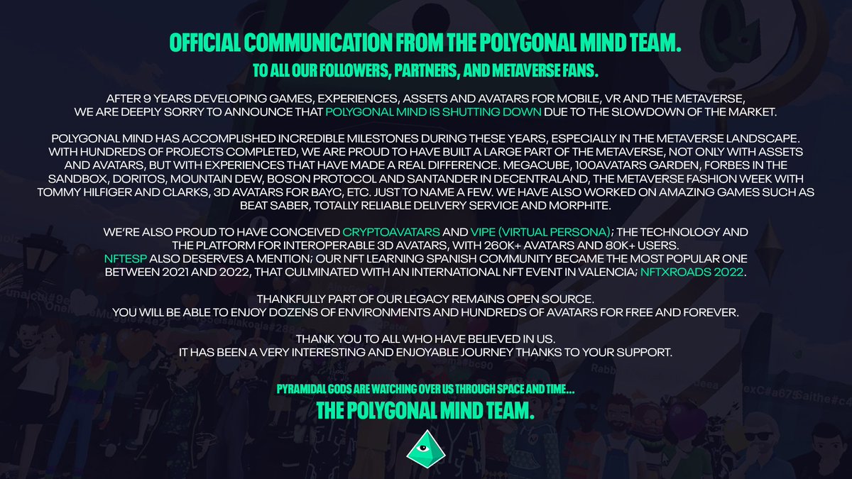 Official Communication from the Polygonal Mind team.

To all our followers, partners, and metaverse fans 💚