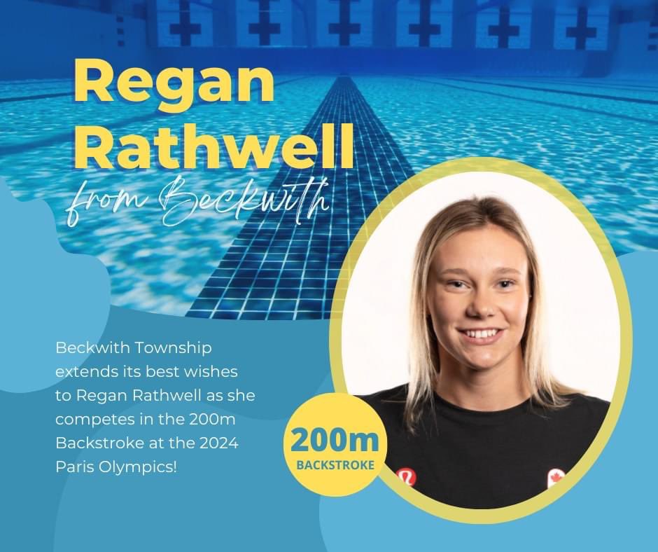 TwpBeckwith's tweet photo. On behalf of Beckwith Council, Staff &amp; all residents of Beckwith, we wish Regan Rathwell all the best at the Olympics as she competes with Team Canada

Beckwith is watching eagerly and with pride, as Regan competes in the Women's 200m Backstroke.

We're rooting for you, Regan! https://t.co/DWsIWOf0Q9