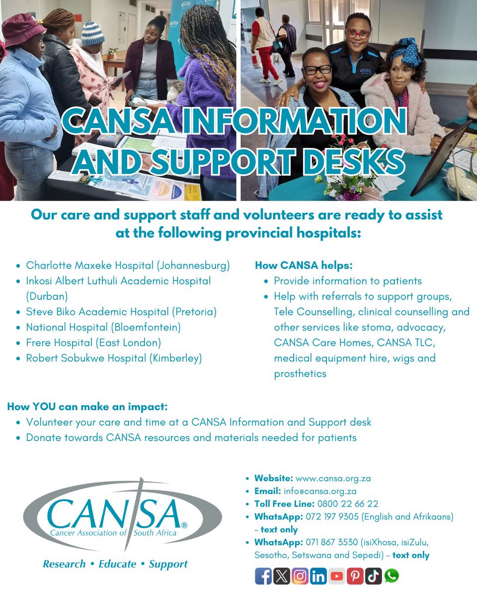 At CANSA, we're committed to assisting those affected by cancer right in their communities. The CANSA Information and Support Desks, located at certain public hospitals across South Africa, are here to ensure that no one has to face cancer alone.
#CANSACareAndSupport #CANSACares