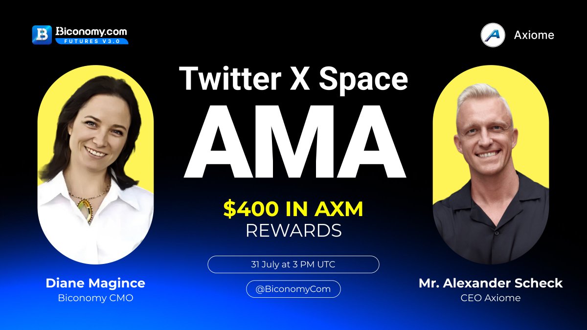 BiconomyCom's tweet photo. 🚀 #Biconomy & #AXM Twitter/X Space AMA 🚀

We are glad to announce the Twitter/X Space Session with the @axiome_pro Project, which will launch on 31July at 3 PM UTC on @BiconomyCom Twitter/X Space.

🗓️Activity time: 31 July at 3 PM UTC

💎Join to win $400 in $AXM🔥

>Step 1. Fill the Gleam Form
https://t.co/qtHbmMMCRK

>Step 2. Follow @BiconomyCom and @axiome_pro

>Step  3. Like, Retweet by repost, Tag 3 Friends, and Attach #Biconomy #AXM hashtags - we'll randomly select people who will share $250 in $AXM rewards. 

>Step 4. $100 in $AXM for 10 people asking questions. We will randomly select them from Twitter/X Space.

>>>Step 4. $40 in $AXM for 4 people asking questions. We will randomly select them from the comments.

>>>Step 5.  $10 in $AXM for the best question out of 14 questions.

Full details👉 https://t.co/Xae31PcvNv

#BiconomyExchange #BIT #Crypto #Blockchain #CryptoNews #Bitcoin #AMA #altcoin #cryptomarket #cryptoexchange #cryptocurrency #cryptocurrencies #cryptos #altcoins #ethereum #btc #eth #cryptocommunity #web3 #traders #investors #Axiome