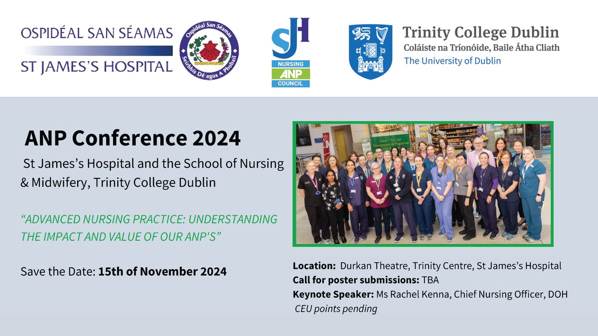 School of Nursing & Midwifery, TCD (@tcd_snm) on Twitter photo We are proud to collaborate with <a href="/stjamesdublin/">St James's Hospital</a> ANP Council on their inaugural ANP conference 'Advanced Nursing Practice: understanding the impact and value of our ANP's.'
Save the date and attend the conference on Friday, 15 November 2024 in the Durkan theatre at St James's We are proud to collaborate with <a href="/stjamesdublin/">St James's Hospital</a> ANP Council on their inaugural ANP conference 'Advanced Nursing Practice: understanding the impact and value of our ANP's.'
Save the date and attend the conference on Friday, 15 November 2024 in the Durkan theatre at St James's