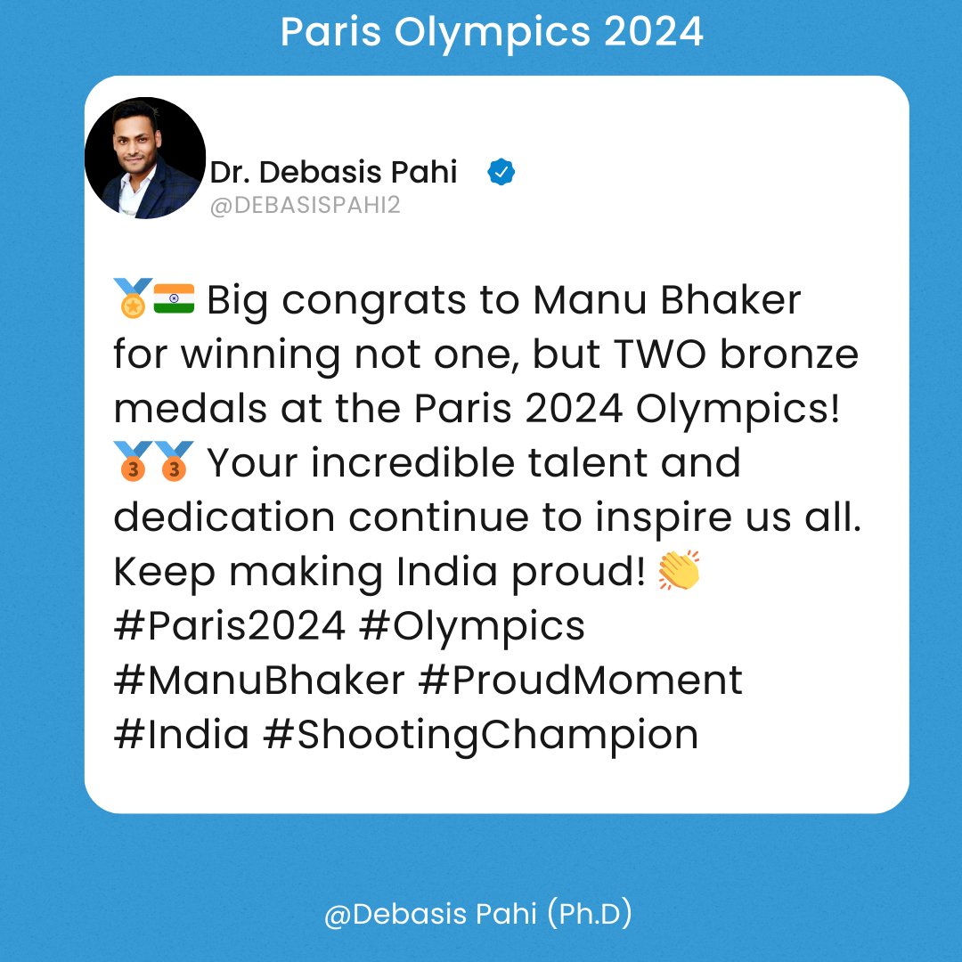 Debasis Pahi (Ph.D) (@debasispahi2) on Twitter photo ๐
๐ฎ๐ณ Big congrats to Manu Bhaker for winning not one, but TWO bronze medals at the Paris 2024 Olympics! ๐ฅ๐ฅ Your incredible talent and dedication continue to inspire us all. Keep making India proud!๐ <a href="/realmanubhaker/">Manu Bhaker๐ฎ๐ณ</a> <a href="/Olympics/">The Olympic Games</a> #Paris2024 #Olympics #ManuBhaker #ShootingChampion ๐
๐ฎ๐ณ Big congrats to Manu Bhaker for winning not one, but TWO bronze medals at the Paris 2024 Olympics! ๐ฅ๐ฅ Your incredible talent and dedication continue to inspire us all. Keep making India proud!๐ <a href="/realmanubhaker/">Manu Bhaker๐ฎ๐ณ</a> <a href="/Olympics/">The Olympic Games</a> #Paris2024 #Olympics #ManuBhaker #ShootingChampion
