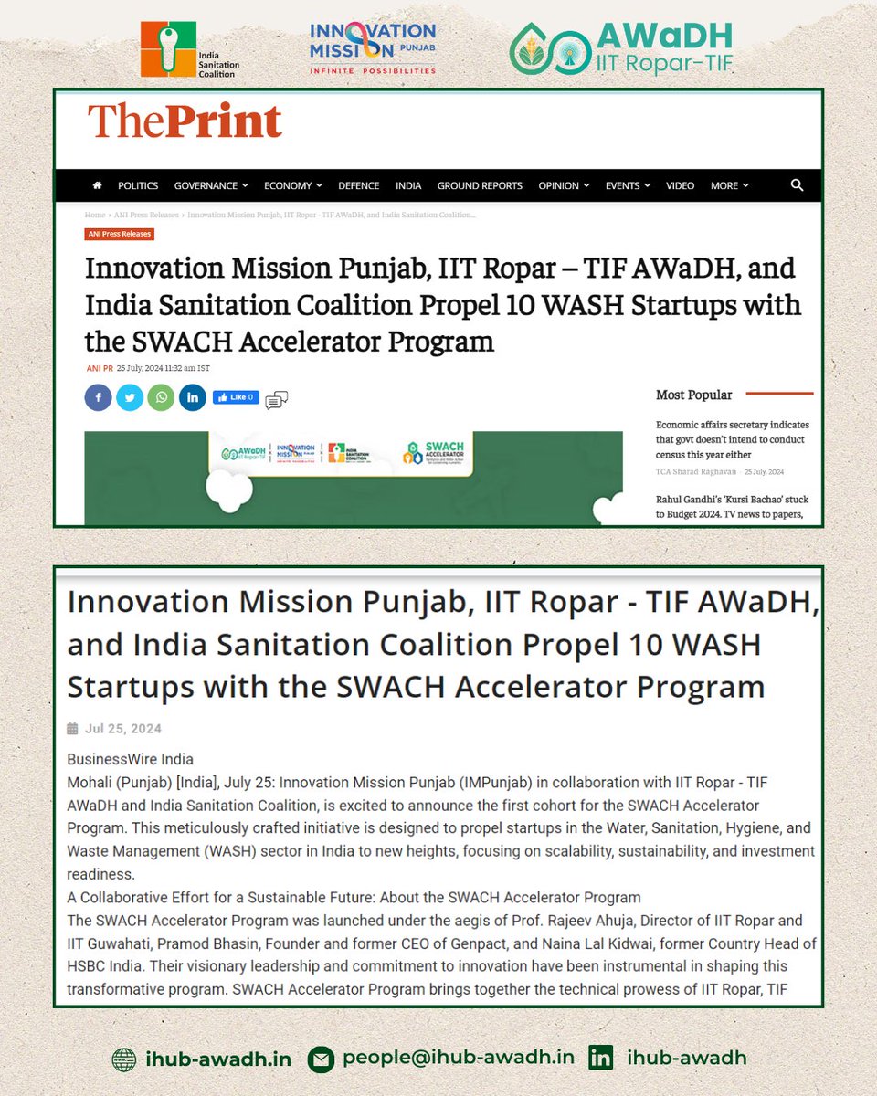 AWaDH_IITRopar's tweet image. Update!
SWACH Accelerator Program's progress, a collaboration between iHub-AWaDH @iitropar , Innovation Mission Punjab, and ISC-India Sanitation Coalition. 🌍

140+ online releases
Strong organizational support
Empowering WASH startups

Let's build a cleaner future! 🌱💡
#SWACH