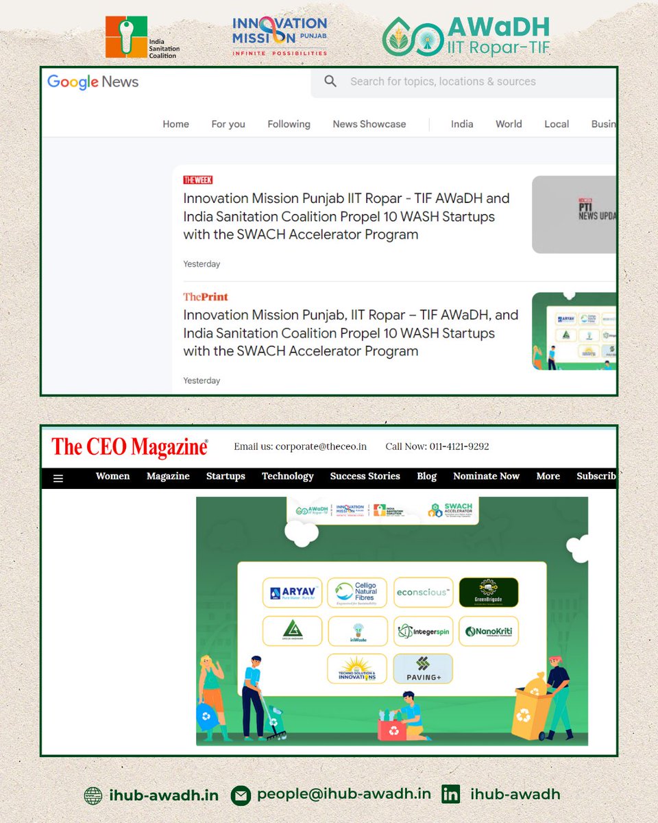 AWaDH_IITRopar's tweet image. Update!
SWACH Accelerator Program's progress, a collaboration between iHub-AWaDH @iitropar , Innovation Mission Punjab, and ISC-India Sanitation Coalition. 🌍

140+ online releases
Strong organizational support
Empowering WASH startups

Let's build a cleaner future! 🌱💡
#SWACH