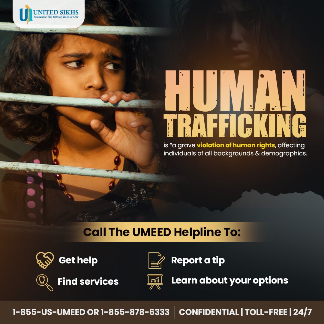 unitedsikhs's tweet photo. Let's work together to combat and eliminate the unfortunate occurrence of human trafficking within our communities. Victims of this crime desperately require our assistance and support.

You can play an active role in making a positive change by reaching out to 1-855-US-UMEED / 1-855-878-6333 and learning how you can help. Your participation can truly make a significant difference in the lives of those affected. 

Together, let's take action to stop human trafficking and bring hope to those impacted.

#UNITEDSIKHS #HumanTrafficking #UMEED #Humanrights #WorldDayAgainstTrafficking