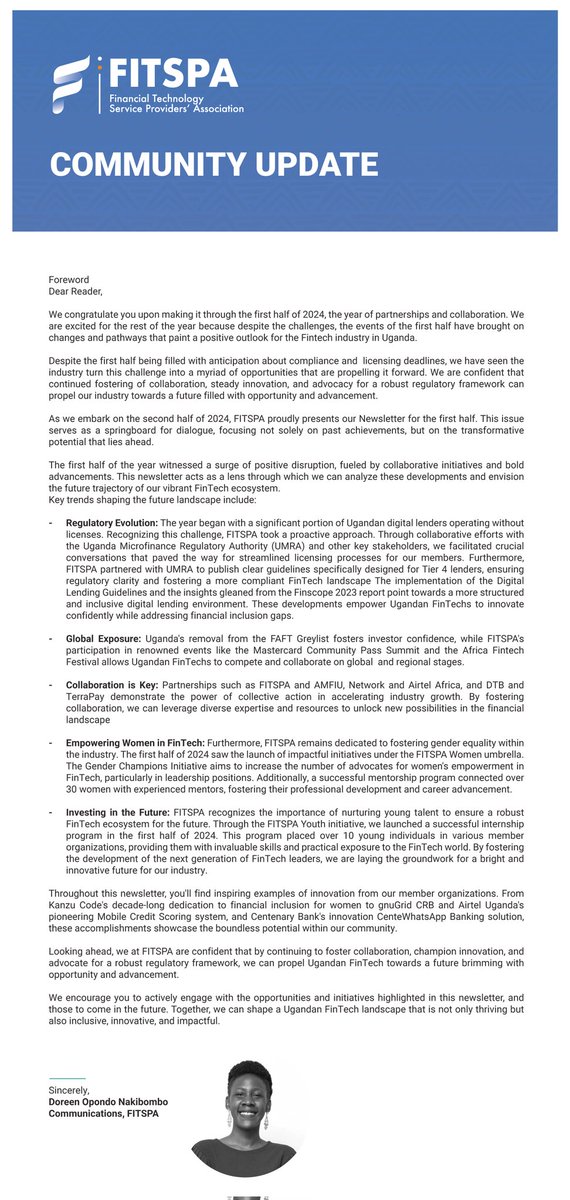 FitspaUG's tweet photo. #FITSPAUpdate #CommunityUpdate12024
Our 2024 first-half community update is here!🎉
We are excited to share the journey of how Uganda's fintech industry has thrived amidst challenges, forging new partnerships, driving innovation, & taking big wins.
Read: https://t.co/4XX7wALirn https://t.co/eON9ZxvnEc