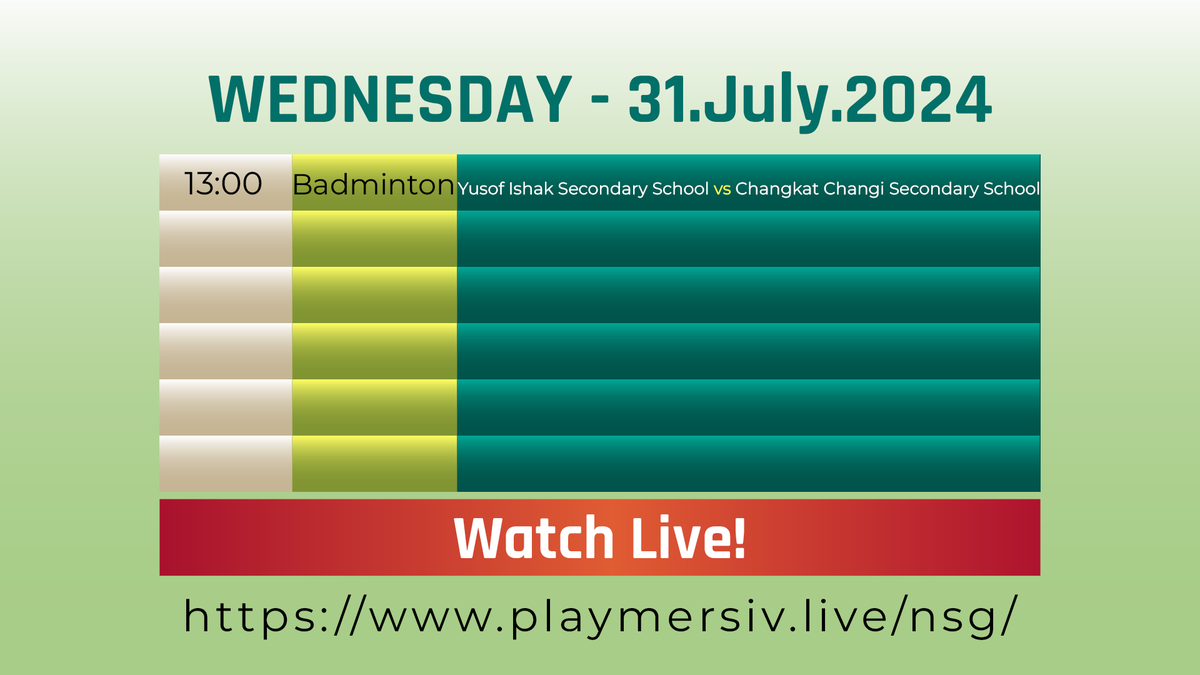 1playglobal's tweet photo. Inspired by Low Kean Yew's showing at the Olympics? This Wednesday 31 July it's our youth shuttlers' turn to showcase their talents. Catch the action live at https://t.co/9pFliOOmdr #nsg2024 #sports #schoolsports #youthsports https://t.co/OM7IdENbMv