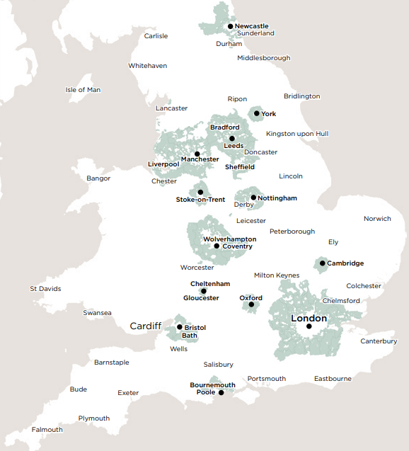 AnnaClarke_____'s tweet photo. Here's a map of all the greenbelt land in England - I think a lot of people probably don't realise how much of England is neither greenbelt nor built on. https://t.co/jL7w5KSD08