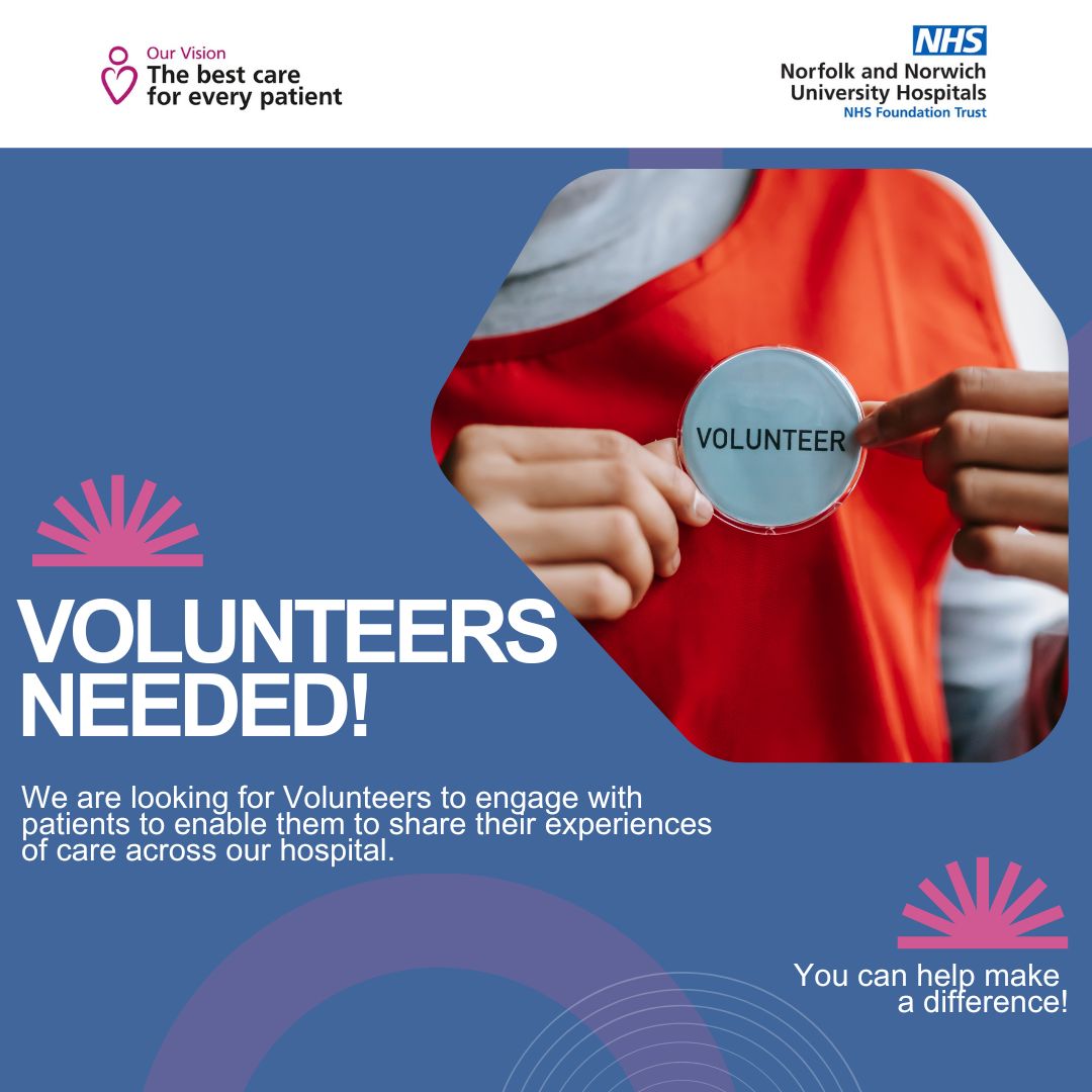 NNUH Patient Engagement & Experience Team (@patientexp_nnuh) on Twitter photo We are looking for #volunteers to engage with patients & collect their experiences of care at <a href="/NNUH/">Norfolk and Norwich University Hospitals</a>. Can you support patients, carers and visitors to share their views with compassion, empathy and an impartial listening ear? Find out more: getinvolvednorfolk.org.uk/o/Norfolk--Nor… We are looking for #volunteers to engage with patients & collect their experiences of care at <a href="/NNUH/">Norfolk and Norwich University Hospitals</a>. Can you support patients, carers and visitors to share their views with compassion, empathy and an impartial listening ear? Find out more: getinvolvednorfolk.org.uk/o/Norfolk--Nor…