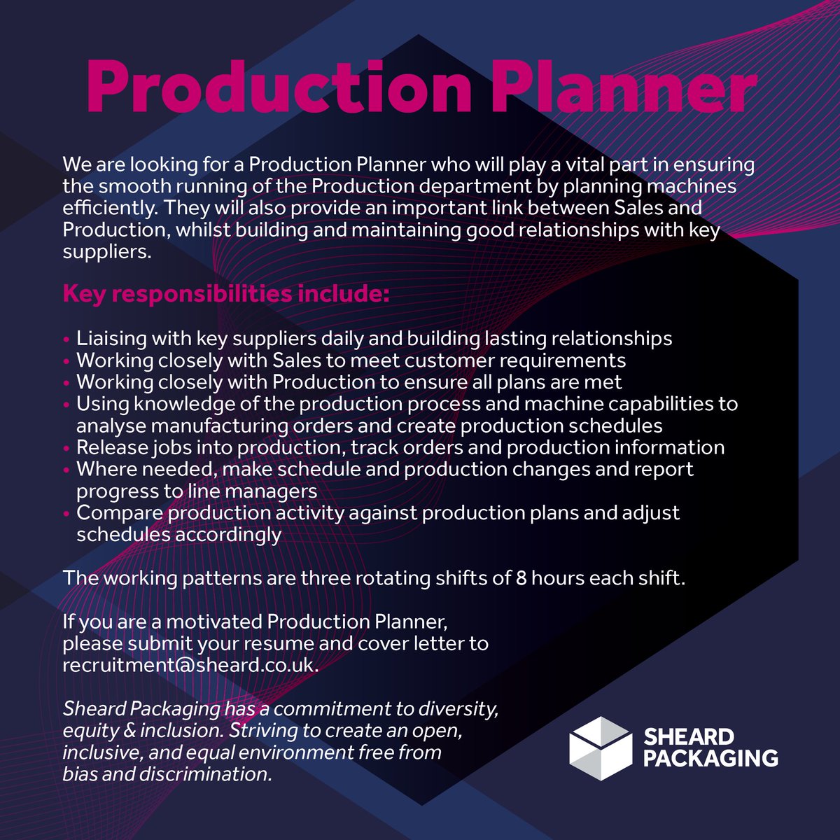We are looking for a Production Planner to join us. If you’re the right person for this role, click the link below to find out more. Submit your application, including your resume, to recruitment@sheard.co.uk

sheard.co.uk/vacancies/prod…