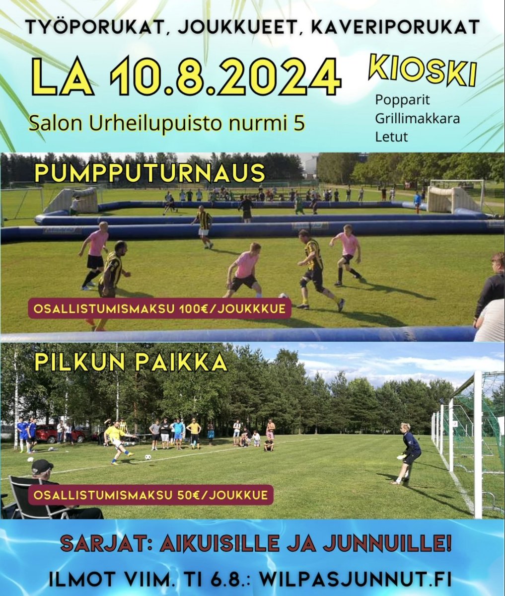 Pumpputurnaus ja Pilkun Paikka 10.8. Salon urheilupuistossa.
Tutustu ja ilmoittaudu: wilpasjunnut.fi #pumpputurnaus #pilkunpaikka