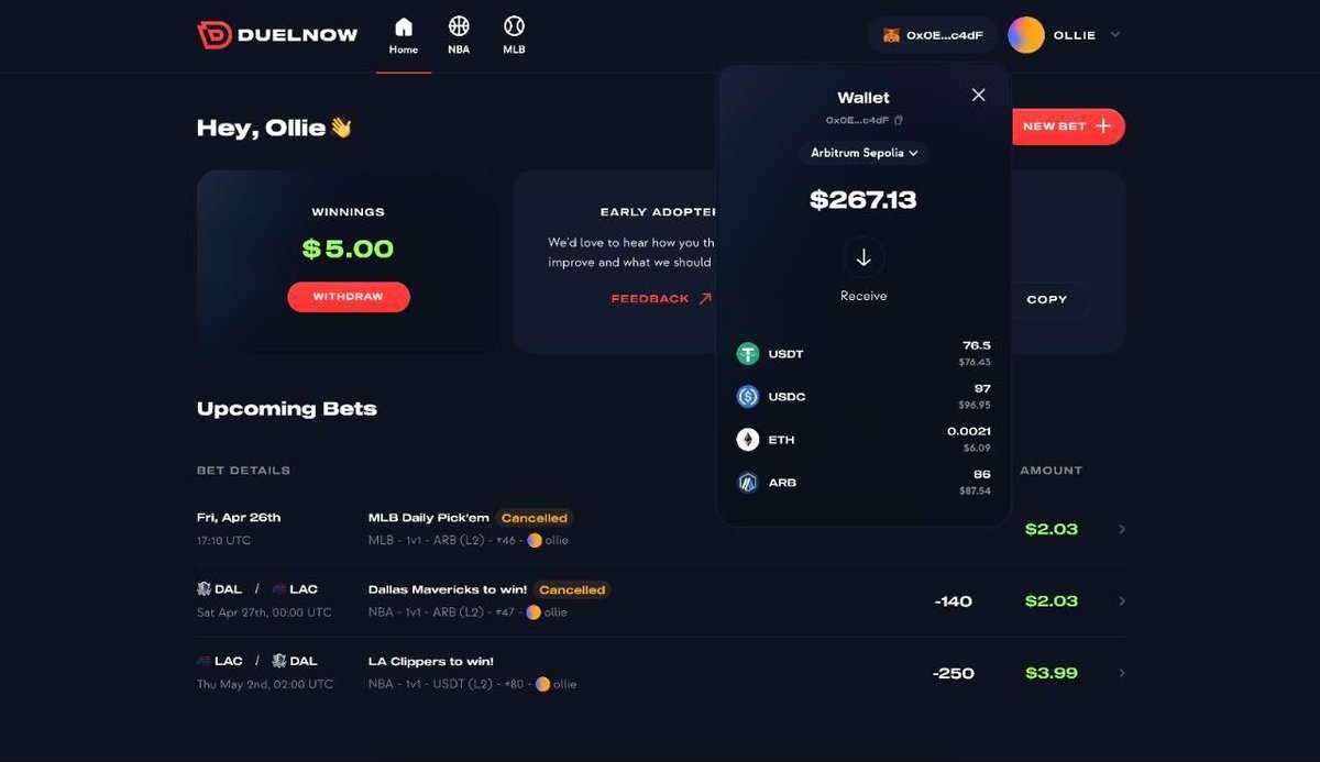 getduelnow's tweet photo. π’ We're releasing an early image of the DuelNow home screen.
Check out the sleek interface:
β
User-friendly UI.
β
View your winnings
β
Explore available sport
β
See upcoming predictions
β
Easily access your wallet to view token balances.
#DuelNow #P2P #SportPrediction https://t.co/8FlqetQ6nJ