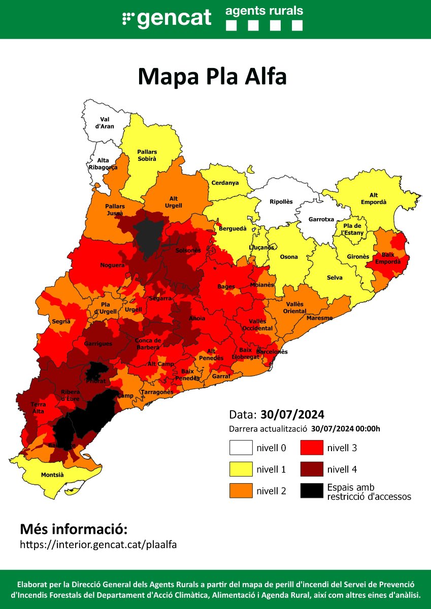 ⚠️ Activat el Pla Alfa nivell 2 al terme municipal pel risc alt d'incendi forestal 🔥 #Alella #Maresme

📲 En cas de detectar fum o foc cal avisar immediatament al <a href="/112/">112</a>

ℹ️ Més informació: interior.gencat.cat/plaalfa