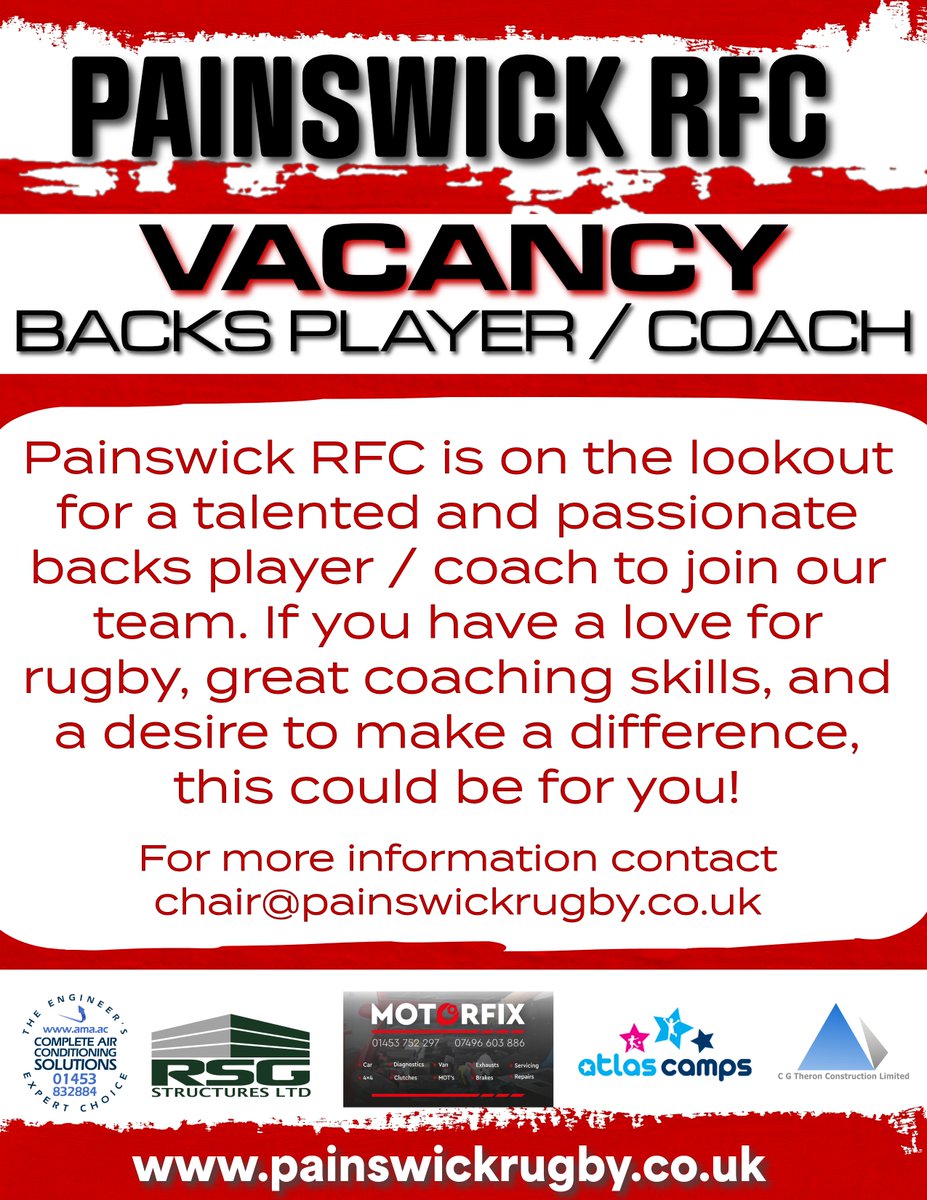 Painswick RFC (@painswickrfc) on Twitter photo ๐จVACANCY @ PAINSWICK RFC๐จ
We are currently looking for a keen and enthusiastic backs player / coach to work alongside our head coach in developing our senior section. If this sounds of interest email chair@painswickrugby.co.uk
<a href="/GRFUrugby/">#GRFU</a> <a href="/local_rugby/">Local Gloucester Club Rugby</a> <a href="/happyeggshaped/">Happiness is Egg Shaped</a> ๐จVACANCY @ PAINSWICK RFC๐จ
We are currently looking for a keen and enthusiastic backs player / coach to work alongside our head coach in developing our senior section. If this sounds of interest email chair@painswickrugby.co.uk
<a href="/GRFUrugby/">#GRFU</a> <a href="/local_rugby/">Local Gloucester Club Rugby</a> <a href="/happyeggshaped/">Happiness is Egg Shaped</a>