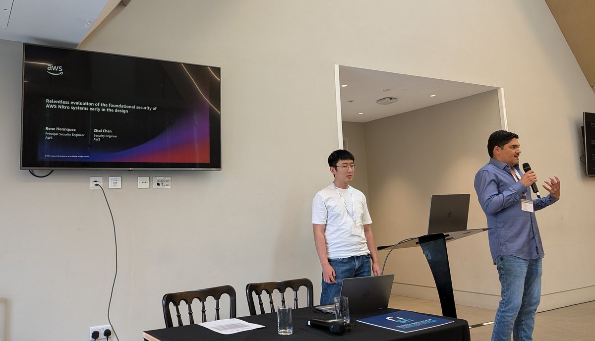 UKRISE (@uk_rise) on Twitter photo Rene Henriquez & <a href="/ZitaiChen/">Zitai Chen</a> open the <a href="/UK_RISE/">UKRISE</a> 2024 Summer Scheme and Annual Conference being held <a href="/unibirmingham/">Uni of Birmingham</a> with a talk on the foundational security of AWS Nitro Systems - need to make HW security easier to understand & automated tools to reason about new platform designs. Rene Henriquez & <a href="/ZitaiChen/">Zitai Chen</a> open the <a href="/UK_RISE/">UKRISE</a> 2024 Summer Scheme and Annual Conference being held <a href="/unibirmingham/">Uni of Birmingham</a> with a talk on the foundational security of AWS Nitro Systems - need to make HW security easier to understand & automated tools to reason about new platform designs.