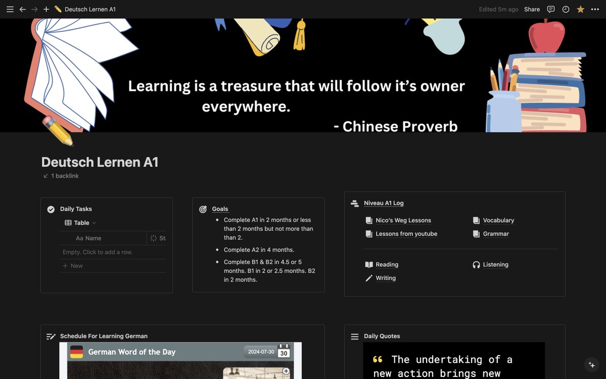 My Deutsch lernen A1 notion Template. It's still on work. 
#notion #notiontemplate #german #language
