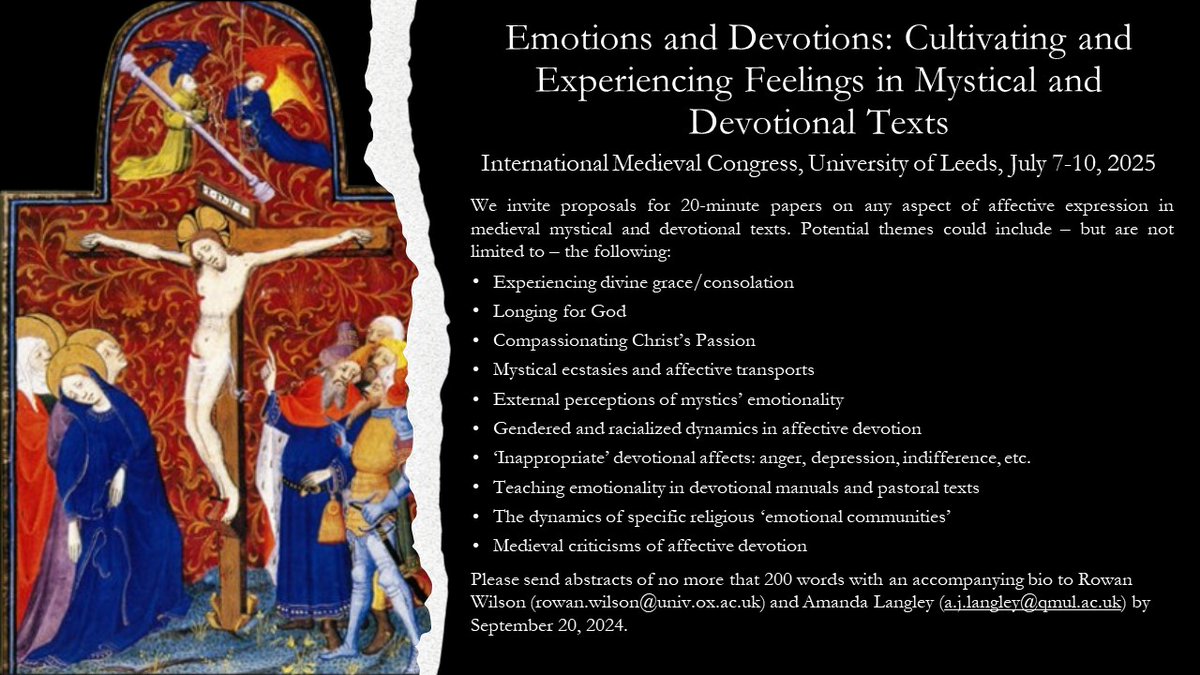 Getting ready for #IMC2025! @whittypear and I have issued a call for papers about emotions in Mystical and Devotional Texts. Let's talk about feelings (or the lack thereof). Deadline for abstracts is September 20th! <a href="/IMC_Leeds/">IMC_Leeds</a>