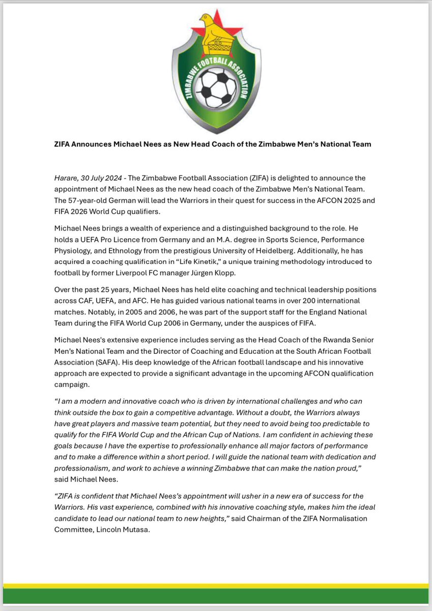 zim_football's tweet photo. The Zimbabwe Football Association has appointed Michael Nees as the new Head Coach for the Men’s Senior National Team.

The 57-year-old German will lead the Warriors in their quest for success in the AFCON 2025 and FIFA 2026 World Cup qualifiers.
💭 

#Zimbabwe #zifa #Zimfootball https://t.co/WX0qRZaPlR