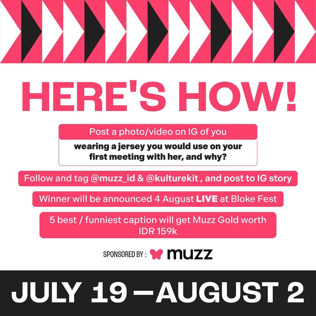 Muzz_Nusantara's tweet image. Muzz hadir di BlokeFest 2024 by @kulturekit weekend ini! 📣

Datang dan ikuti keseruannya 🎉 Muzz bakal bagi-bagi merch, Muzz Gold, dan hadiah Nintendo Switch GRATIS buat yang ikutan giveaway @muzz_id dan @kulturekit 🎮

#MuzzID #MuzzIndonesia #MuzzIDxKultureKit #BlokeFest2024