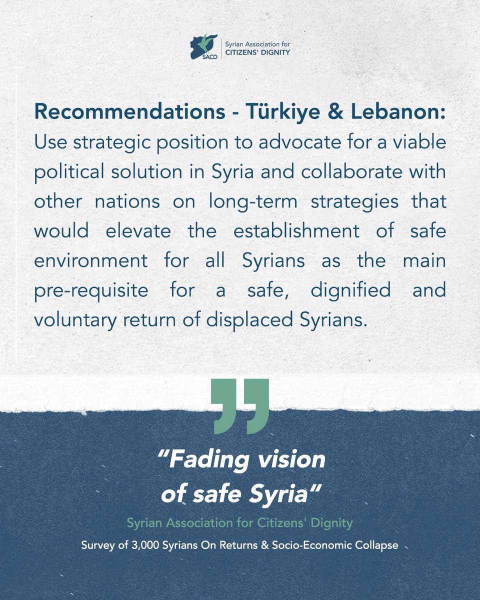 Türkiye &amp; Lebanon:

Use strategic position to advocate for a viable political solution in Syria and collaborate with other nations on long-term strategies that would elevate the establishment of safe environment for all Syrians as the main pre-requisite for a safe, dignified and