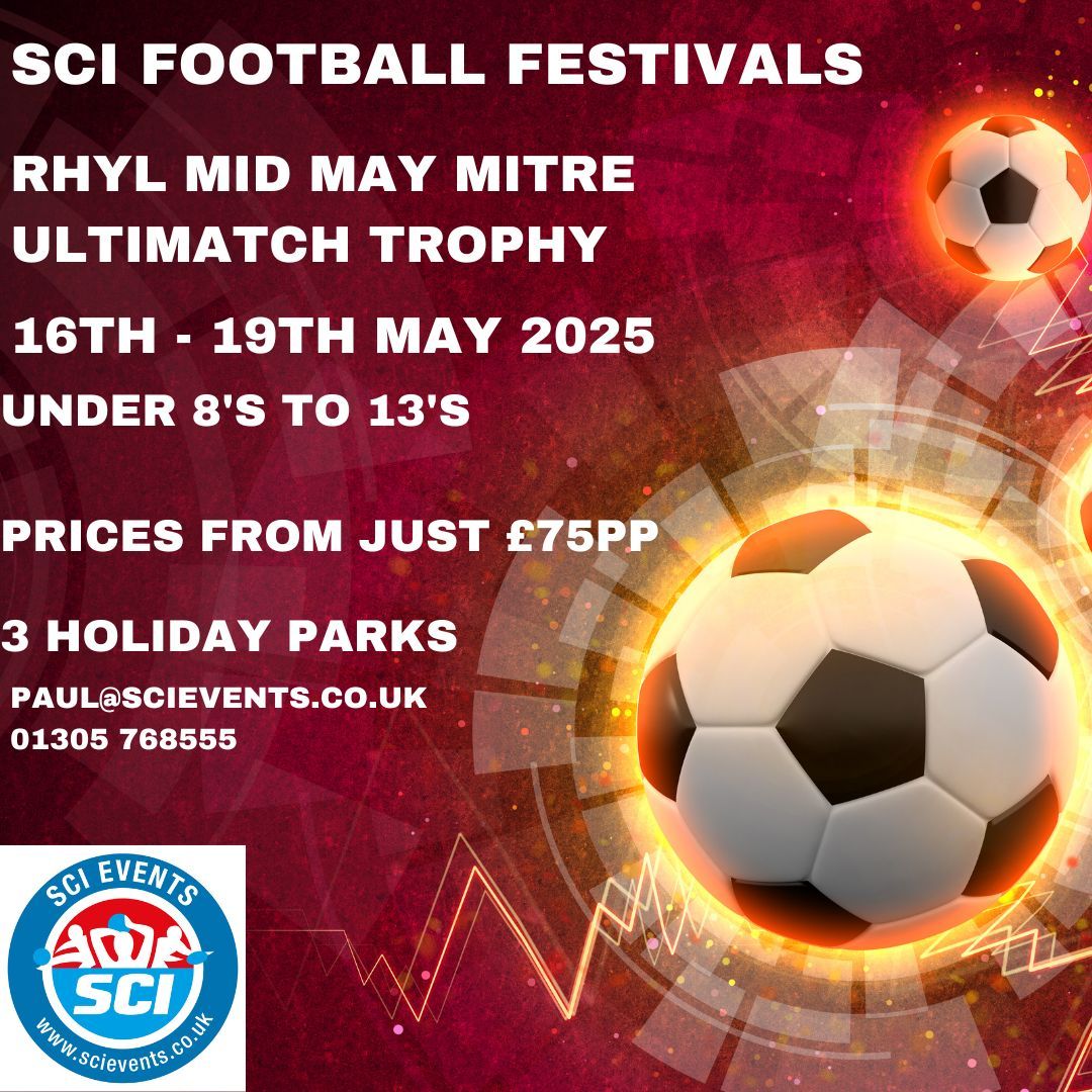 🚀 Join us for the Rhyl Mid May Mitre Ultimatch Trophy! 🏆⚽
📅 Dates: May 16-19, 2025
📍 Location: Rhyl, North Wales
🔹 Categories: Boys/Mixed U8-U13
⚽ Play at Y-Morfa Leisure Centre &amp; Prestatyn Sports FC
📌 Register now: buff.ly/3V9T7yQ
📞 Contact: paul@scievents.co.uk