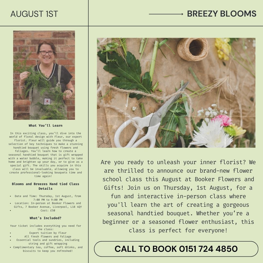 BookerFlowers's tweet image. Join us for a delightful evening with our expert Fleur! Thursday, 1st August, 6:00 PM - 8:00 PM. Create stunning hand-tied bouquets.

#FlowerClass #Floristry #HandTiedBouquets #LiverpoolEvents #FlowerWorkshop #BookerFlowers