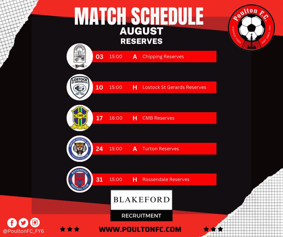 PoultonFC_FY6's tweet photo. 🚨🔥 Get ready for the kickoff! 🔥🚨

Poulton FC's 24/25 season starts strong this August! Check out the fixtures for both our first team and reserves. 🏆⚽

#PoultonFC🔴⚫️ #UTP #AugustFixtures https://t.co/iRMajG12L4