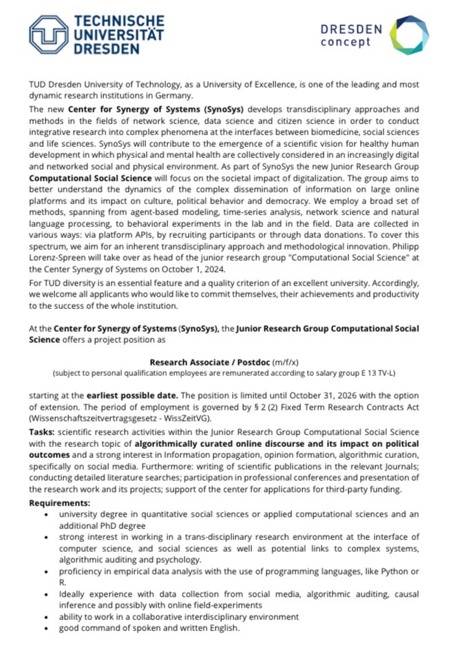 lorenz_spreen's tweet photo. And the third position is now also here: a 2-year postdoc (with possible extension) on the algorithmically curated online discourse:

https://t.co/6pRBIPAkTh https://t.co/MS5QbMGWRo