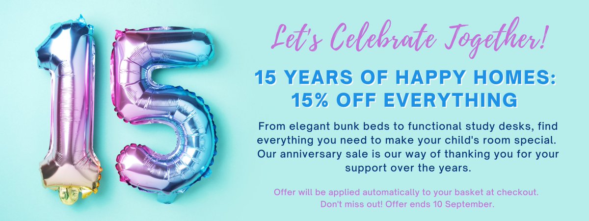 Let's celebrate together!🎉🎂 15 years of happy homes: 15% of everything! From bunk beds to study desks, find everything you need to make your child's room special. Our anniversary sale is our way of thanking you for your support over the years.
Shop now: nestdesigns.co.za