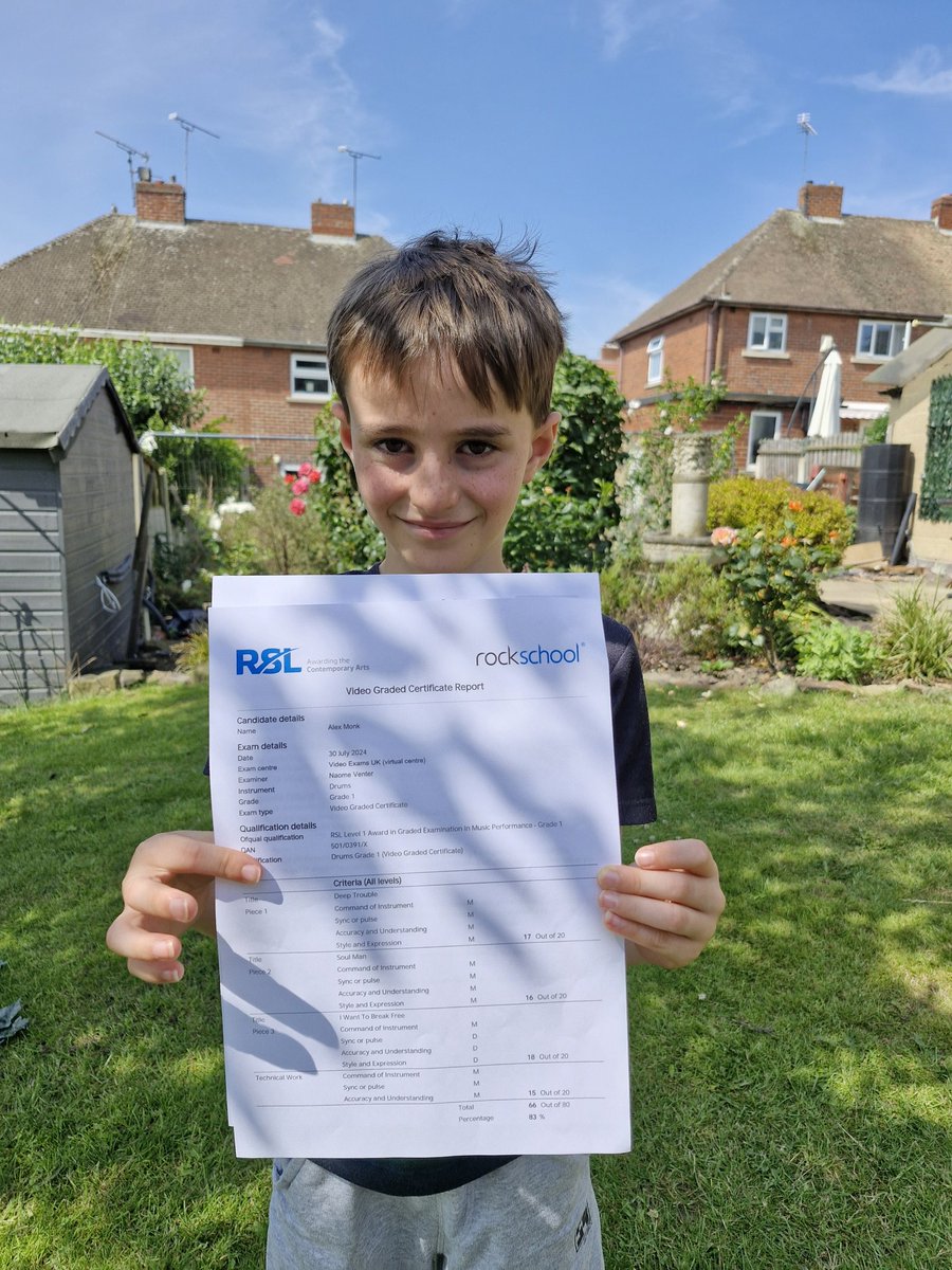 dawnmonk3's tweet photo. Massive well done to Alex on passing his drumming exam.  He got a merit with 83% 👏👏👏🥁 @WCPSc2026 @WCPSMusic1 https://t.co/pew2WTB8ZD