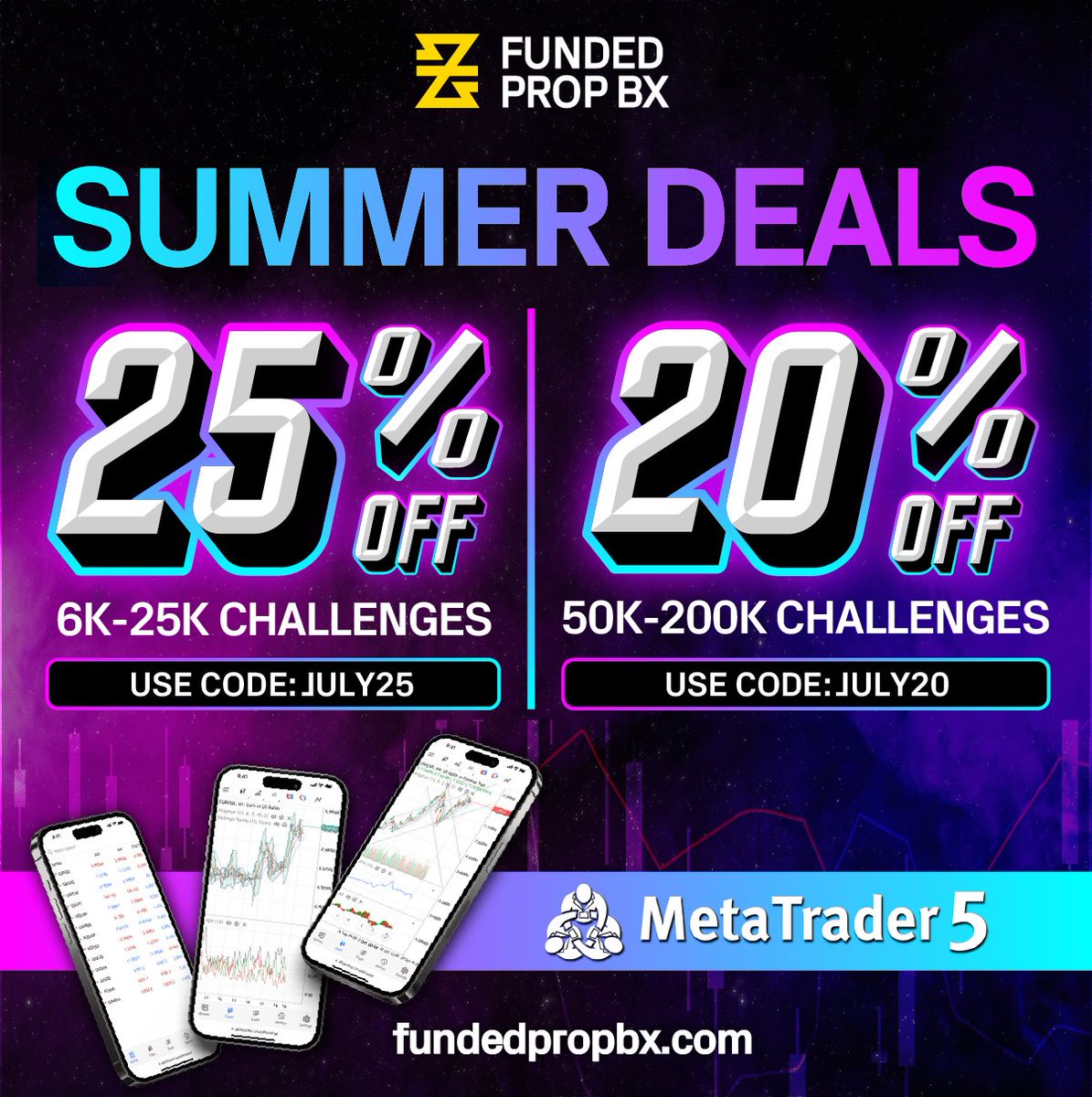 Great summer deals with a reliable prop here. 15% challenge phase split and 90% lifetime split! Backed by regulated broker with MT5 platform available.

*25%* OFF 6K-25K with code: **JULY25** 

**20%** OFF 50K-200K with code: *JULY20*

Get funded now ➡️ (fundedpropbx.com/?ref=55)
