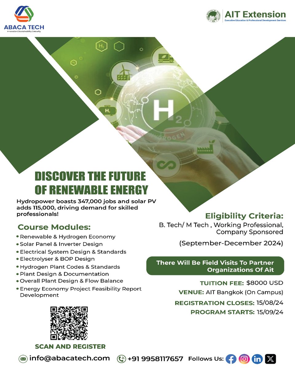 TechAbaca's tweet photo. Green energy: The next step in your career evolution.  Last Date: 15th August 2024 Click on the link to secure your spot!   

Form link: https://t.co/TRLU7fuiWq  
Visit: https://t.co/a0suPw2wzk 

#HydrogenCourse #GreenEnergy #SolarCourse #Certification #Skill https://t.co/IqtSioVY10