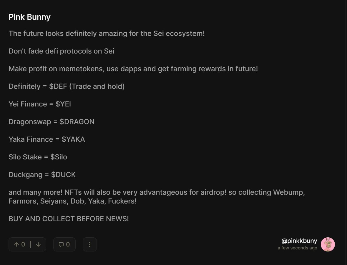 Definitely amazing days coming 🐰

Still ignore <a href="/DefinitelySoFi/">definitely</a> ? Lets join now or cry later! Most of alpha sharing in Sei's first socialfi! 🔴