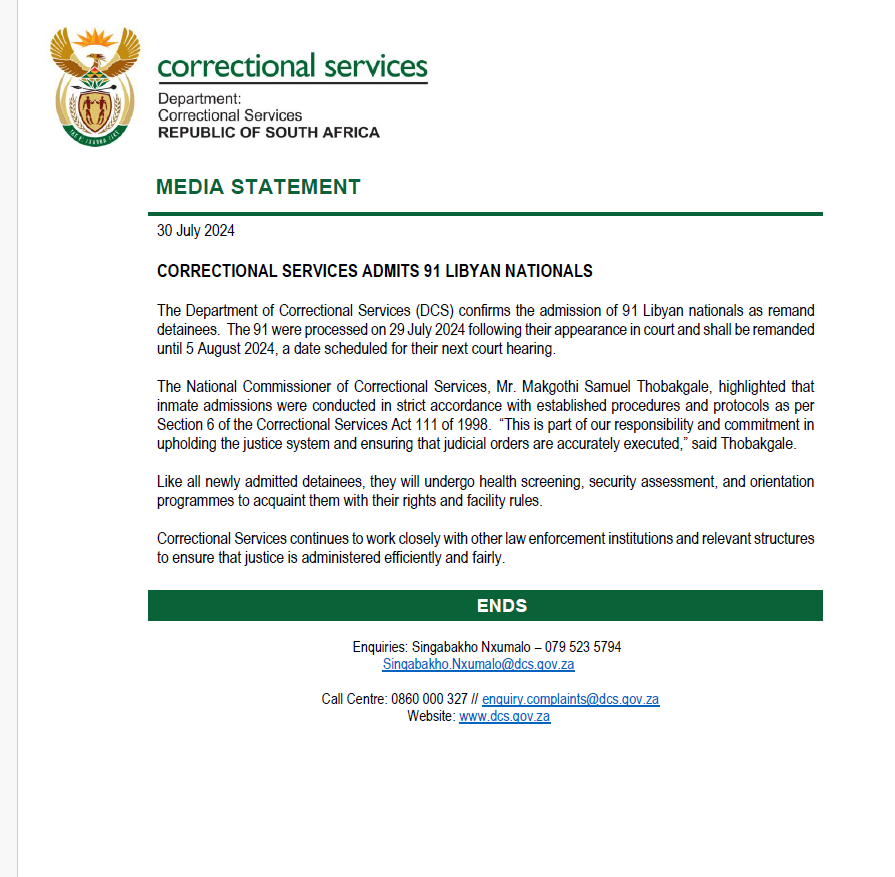 KayaNews's tweet photo. The Correctional Services Department has confirmed the admission of 91 Libyan nationals as remand detainees. 

The detainees were processed yesterday after their court appearance.

They are accused of contravening the immigration act.

#KayaNews #Lybian JJ https://t.co/dwFHKP6789