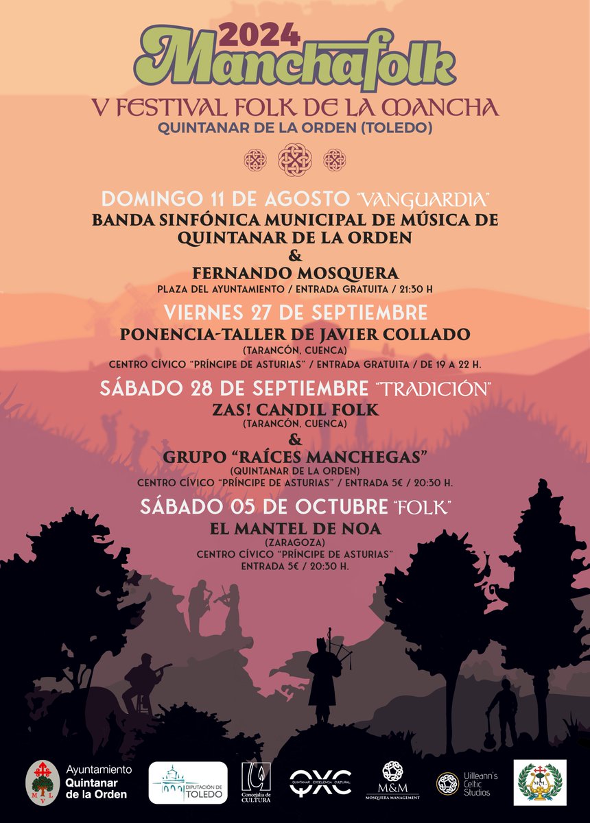 ¡Buenos días, amigos!

Aquí tenemos el cartel completo del <a href="/ManchafolkFest/">ManchaFolk</a> 2024, en nuestra V Edición.

¡¡Atención, porque el primer concierto será el domingo 11 de agosto, una cita muy especial!!

¿Te animas? 😉

<a href="/aytoquintanar/">Ayto. Quintanar</a>