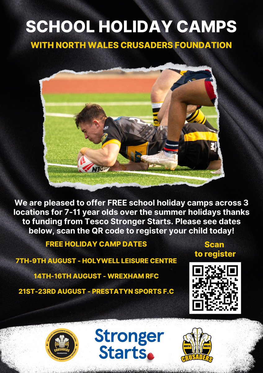 ⚫️🟡 Free School Holiday Camps 🟡⚫️

The foundation have partnered up with <a href="/Tesco/">Tesco</a> Stronger Starts to offer 3 school holiday camps across North Wales in Wrexham, Holywell &amp; Prestatyn, free of charge. 

Please register your details on this link

forms.gle/6ewbGVBBvXjiwx…
