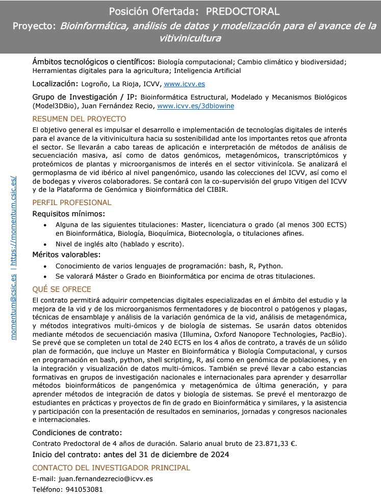 Pablo Carbonell-Bejerano (@pcarbonellb) on Twitter photo Ofertamos contrato para realizar una tesis doctoral en genómica y metagenómica de la vid 🍇🧬💻 en <a href="/icvv_rioja/">Instituto de Ciencias de la Vid y del Vino (ICVV)</a> y <a href="/riojasalud/">Riojasalud.es</a>. Directores: <a href="/Miss_Salmonella/">𝘔𝘪𝘴𝘴 𝘚𝘢𝘭𝘮𝘰𝘯𝘦𝘭𝘭𝘢</a> scholar.google.es/citations?user… y yo scholar.google.com/citations?user…. Incluye formación en biología computacional programa <a href="/Momentum_CSIC/">MOMENTUM CSIC</a> Ofertamos contrato para realizar una tesis doctoral en genómica y metagenómica de la vid 🍇🧬💻 en <a href="/icvv_rioja/">Instituto de Ciencias de la Vid y del Vino (ICVV)</a> y <a href="/riojasalud/">Riojasalud.es</a>. Directores: <a href="/Miss_Salmonella/">𝘔𝘪𝘴𝘴 𝘚𝘢𝘭𝘮𝘰𝘯𝘦𝘭𝘭𝘢</a> scholar.google.es/citations?user… y yo scholar.google.com/citations?user…. Incluye formación en biología computacional programa <a href="/Momentum_CSIC/">MOMENTUM CSIC</a>