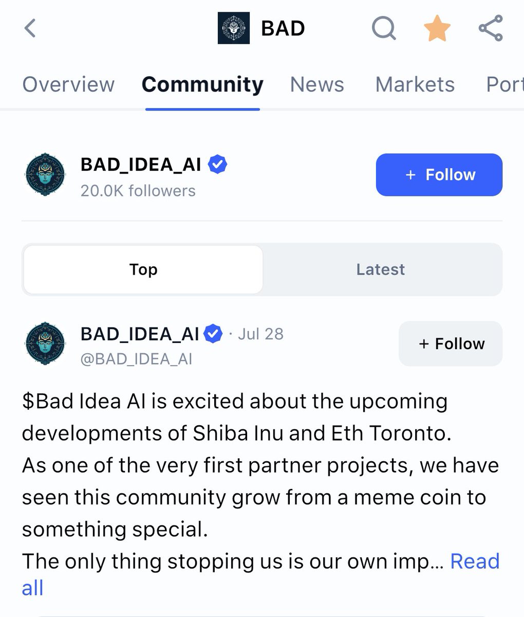 badideaai's tweet image. The community on @CoinMarketCap has just reached 20,000 followers 

$Bad @badideaai