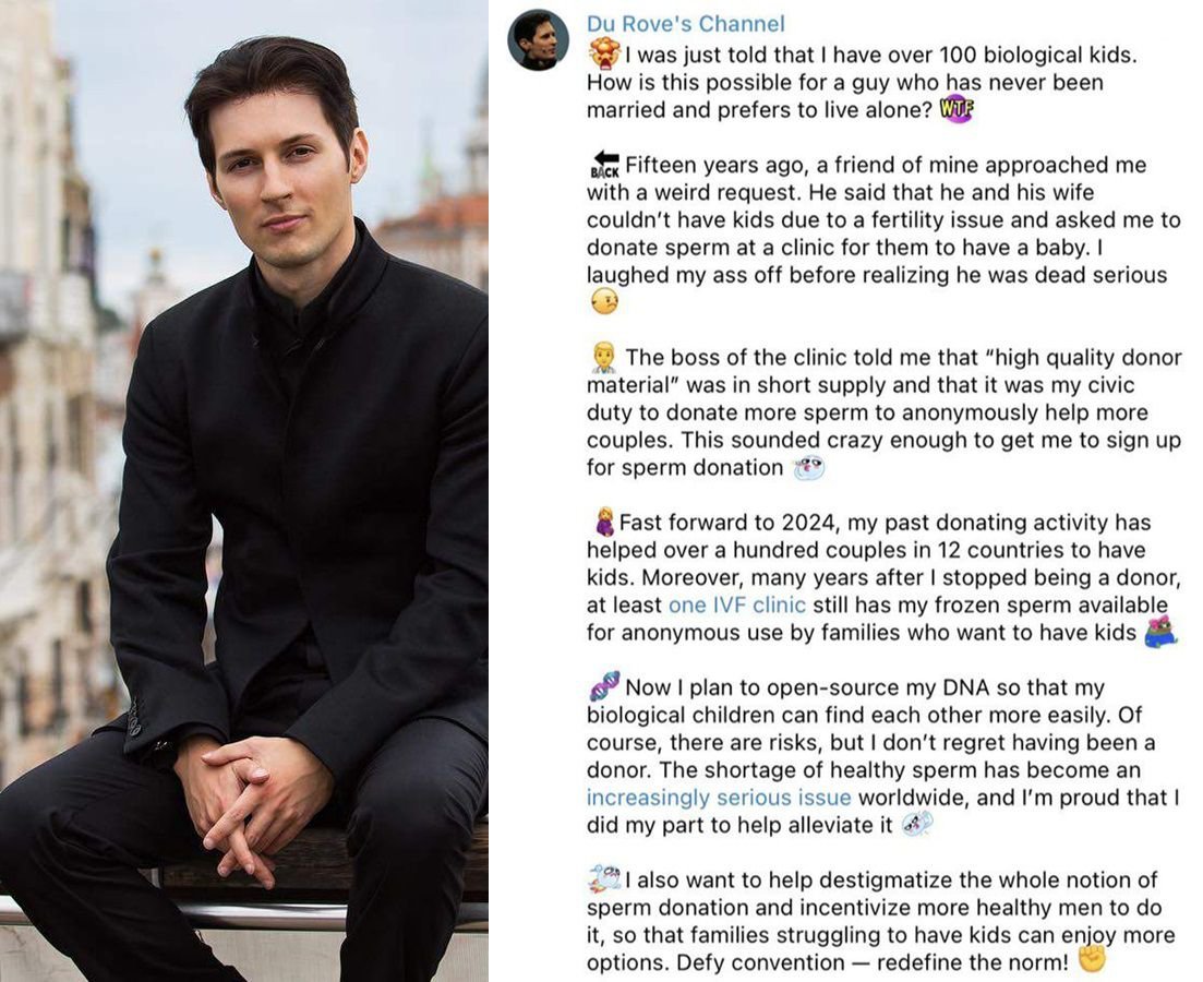 39-year-old Telegram CEO, Pavel Durov reveals he has over 100 biological  children.