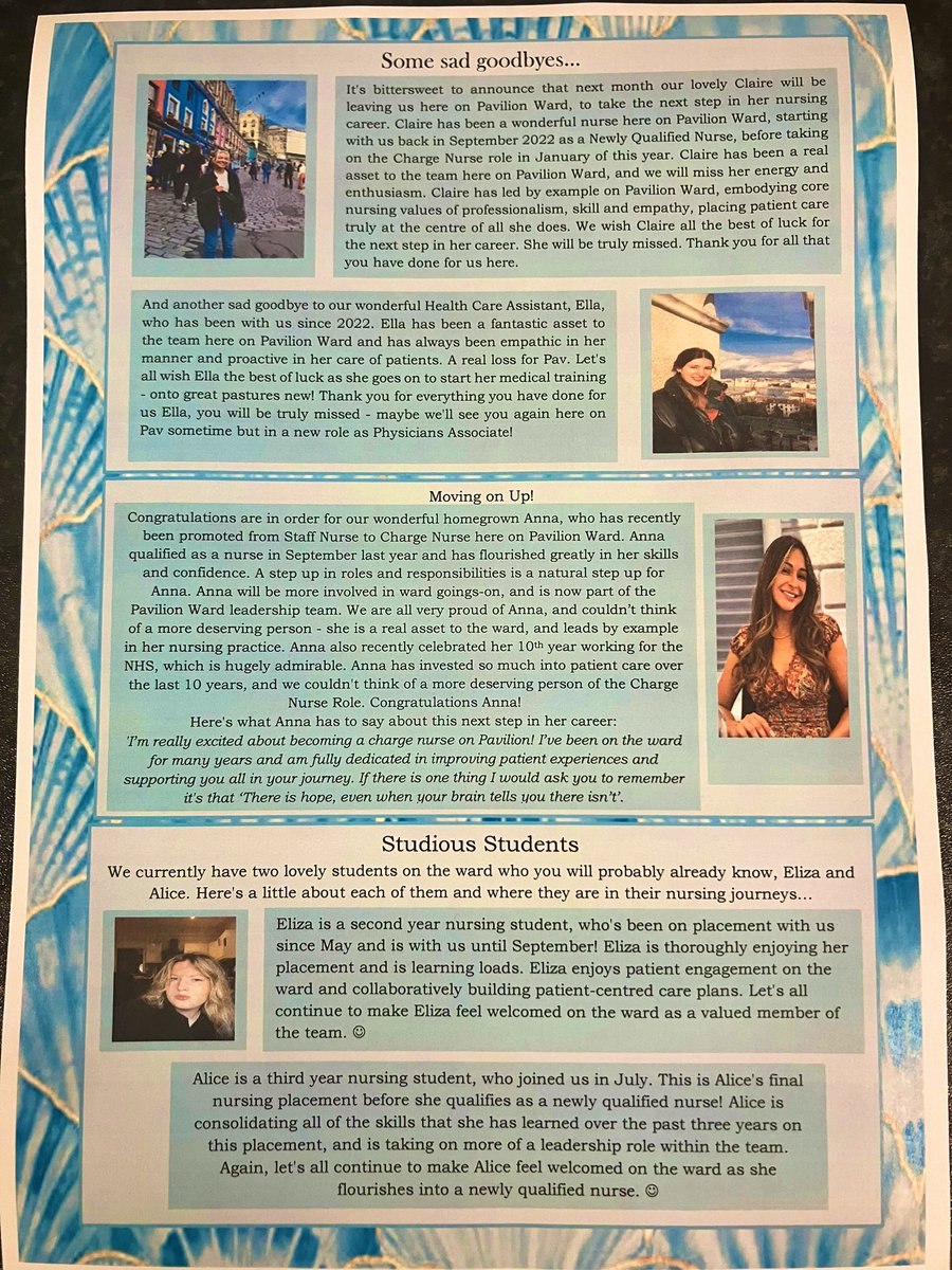 ConnieFinney4's tweet photo. July edition of the Pavilion Post hot off the press. This month’s edition features sad goodbyes for our wonderful Charge Nurse, Claire and Healthcare Assistant, Ella. And a massive congratulations to Anna who’ll be taking on the Charge Nurse role from next month. 📰 👩‍⚕️📚🥳🌼 https://t.co/n1I9Cnkqw7