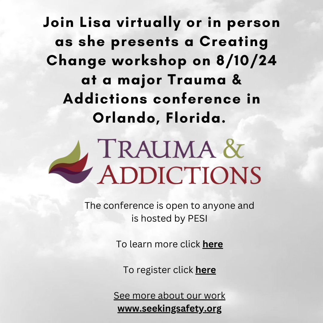 Seeking_Safety's tweet photo. A major conference on trauma and addiction this summer! See Lisa present her Creating Change Workshop, in person or virtually, on 8/10/24 in Orlando, FL. 

To learn more click here: https://t.co/1R4q2RT94O

To register click here: https://t.co/cjZfAglIPK https://t.co/OqQoa8VIsb