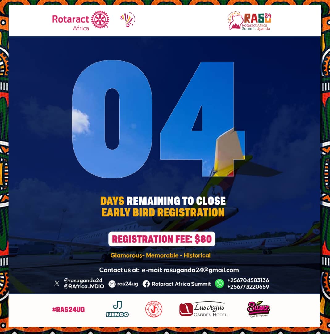 #RecapDaysToGo

Rotaract Africa Summit, Uganda Edition 🇺🇬 🙌 👏

convene.jjengo.com/rotary/confere…

Have you registered and paid yet?

Registration Fee: 80USD
Early Bird Registration Deadline: 31st July 2024
Venue: Las Vegas Hotel, Bunga, Kampala

#RAS24UG