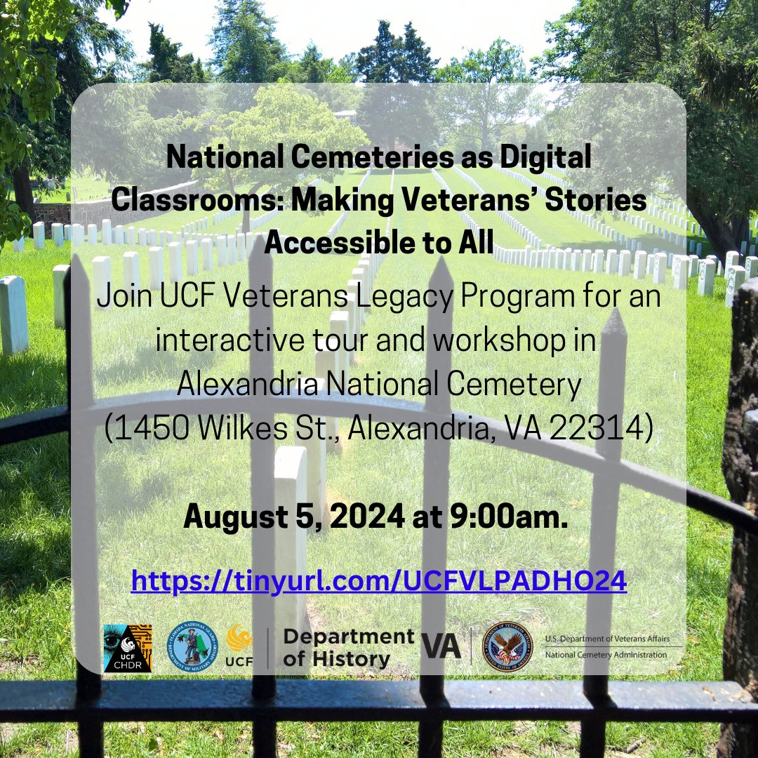 On Monday, the UCF Veterans Legacy Program Team with be in Alexandria, VA for an Interactive Tour and Workshop in Alexandria National Cemetery! 🇺🇸

Visit tinyurl.com/UCFVLPADHO24 for more info!

#UCFVLP