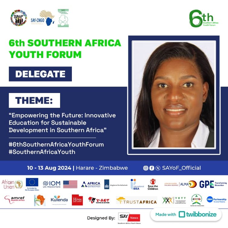 Rita Tiriboyi (@ritatiriboyi) on Twitter photo I'm excited to be part of the SADC summit and attending #6thSouthernAfricaYouthForum as a #WOSSOFELLOW
I expect to learn a lot regarding how best we can support the existing systems to keep empowering women and youths for sustainable development <a href="/WOSSOGL/">WOSSO</a> <a href="/SAYoF_Official/">Southern Africa Youth Forum (SAYoF)</a> I'm excited to be part of the SADC summit and attending #6thSouthernAfricaYouthForum as a #WOSSOFELLOW
I expect to learn a lot regarding how best we can support the existing systems to keep empowering women and youths for sustainable development <a href="/WOSSOGL/">WOSSO</a> <a href="/SAYoF_Official/">Southern Africa Youth Forum (SAYoF)</a>