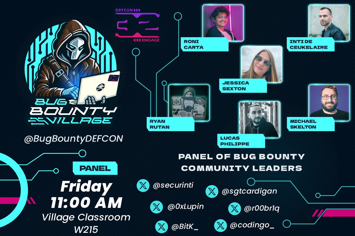 Don't miss our "Panel of Community Leaders", including Inti De Ceukelaire (<a href="/securinti/">Inti De Ceukelaire</a>), Jessica Sexton (<a href="/sgtcardigan/">Jessica</a>), Ryan Rutan (<a href="/r00br1q/">r00br1q</a>), Lucas (<a href="/BitK_/">BitK</a>), Michael Skelton (<a href="/codingo_/">Michael Skelton</a>), Roni Carta (<a href="/0xLupin/">Lupin</a>)!  📅 Friday, Aug 9 ⏰ 11:00 AM 📍 Bug Bounty Village Classroom #DEFCON