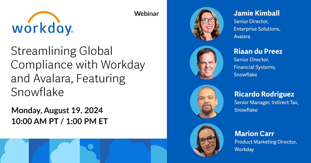 lynnritchie's tweet photo. Learn how Snowflake successfully navigated complex finance requirements with Avalara, and get best practices for compliance and risk management in this webinar. #WDAYWebcasts #TeamWDAY https://t.co/kvLYhRj6pk https://t.co/BzP2WfO3b9